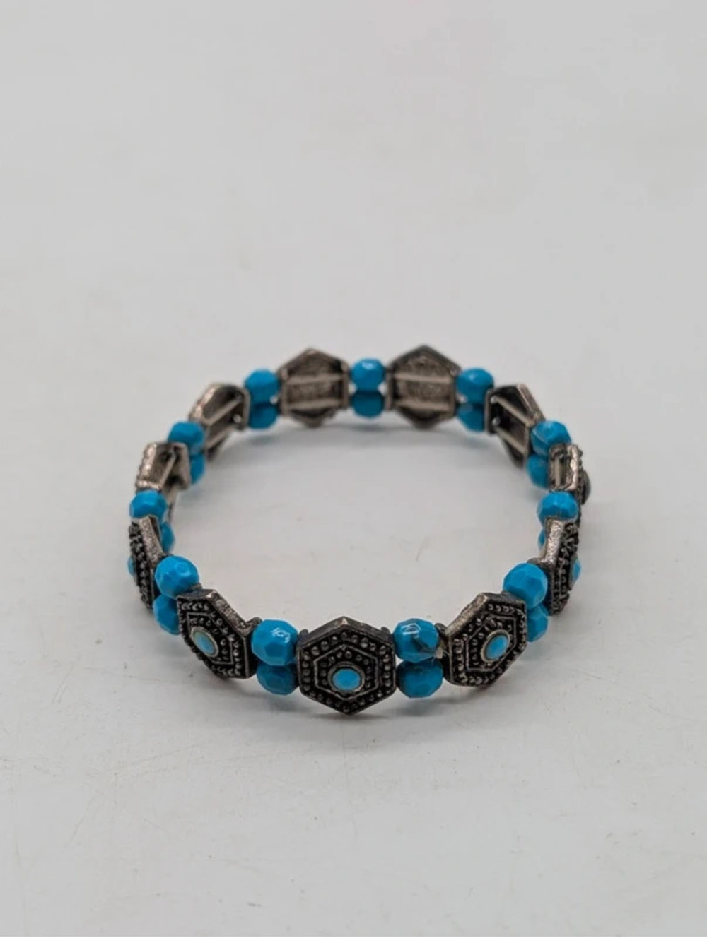 Vintage Silver Tone Blue Hexagon Stretch Bracelet